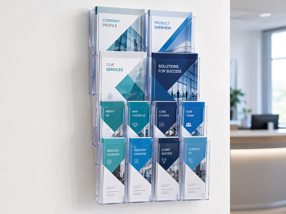 Deflecto Lit-Loc wall display system with healthcare brochures in a medical reception area