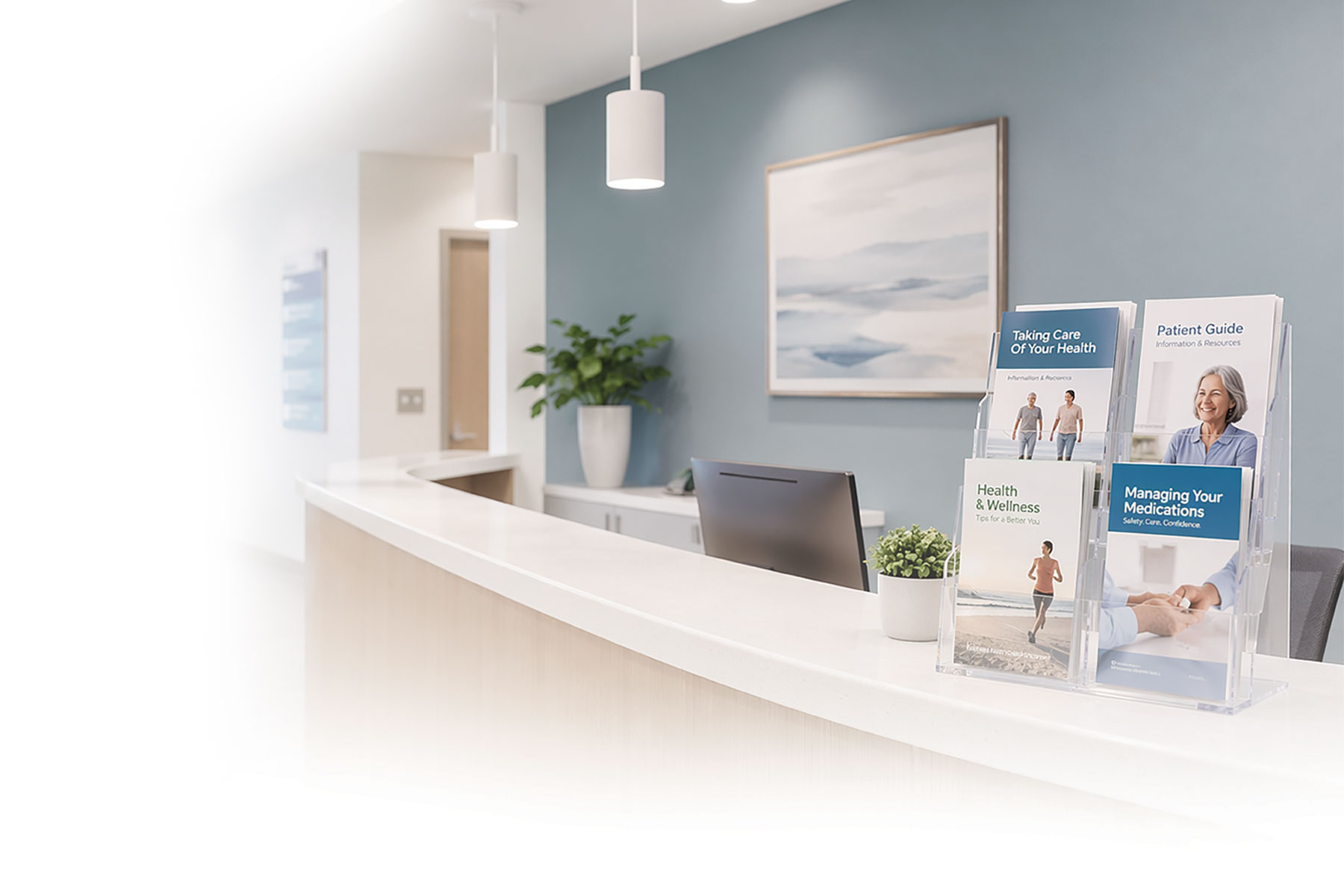 Modern medical reception with Deflecto Lit-Loc wall brochure display system