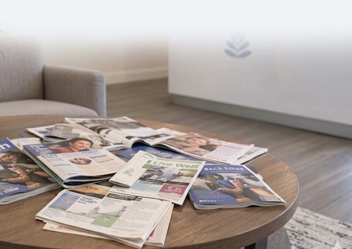 Waiting room table covered in loose magazines, brochures and patient handouts